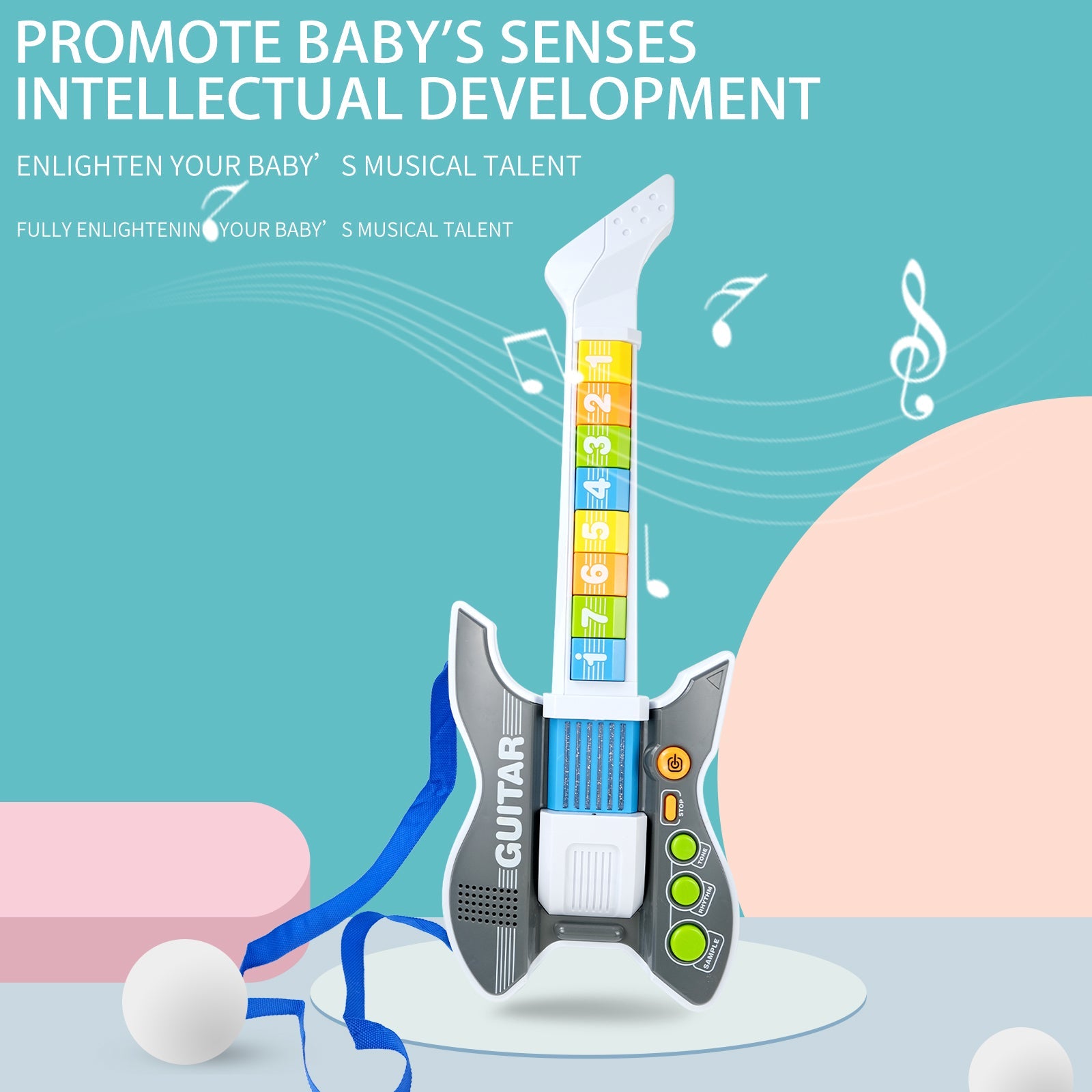  Children's musical guitar toy emphasizing intellectual development and musical talent, with colorful numbered keys and blue strap.