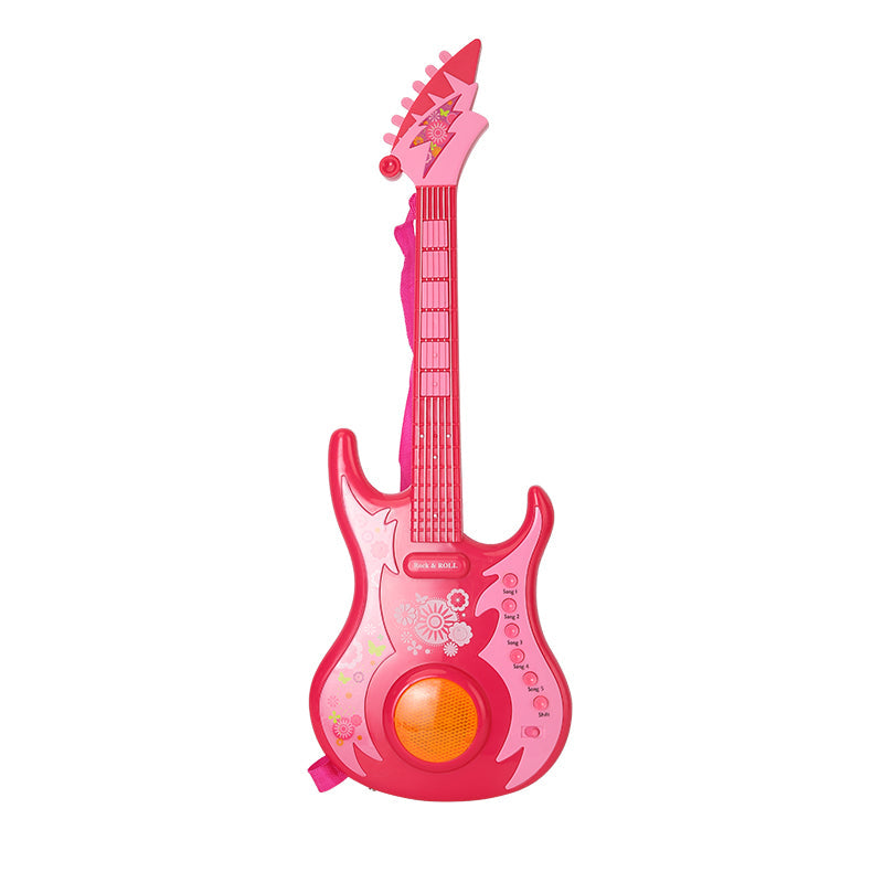 Pink electric guitar for beginners, featuring a bright pink design and musical buttons for easy play.